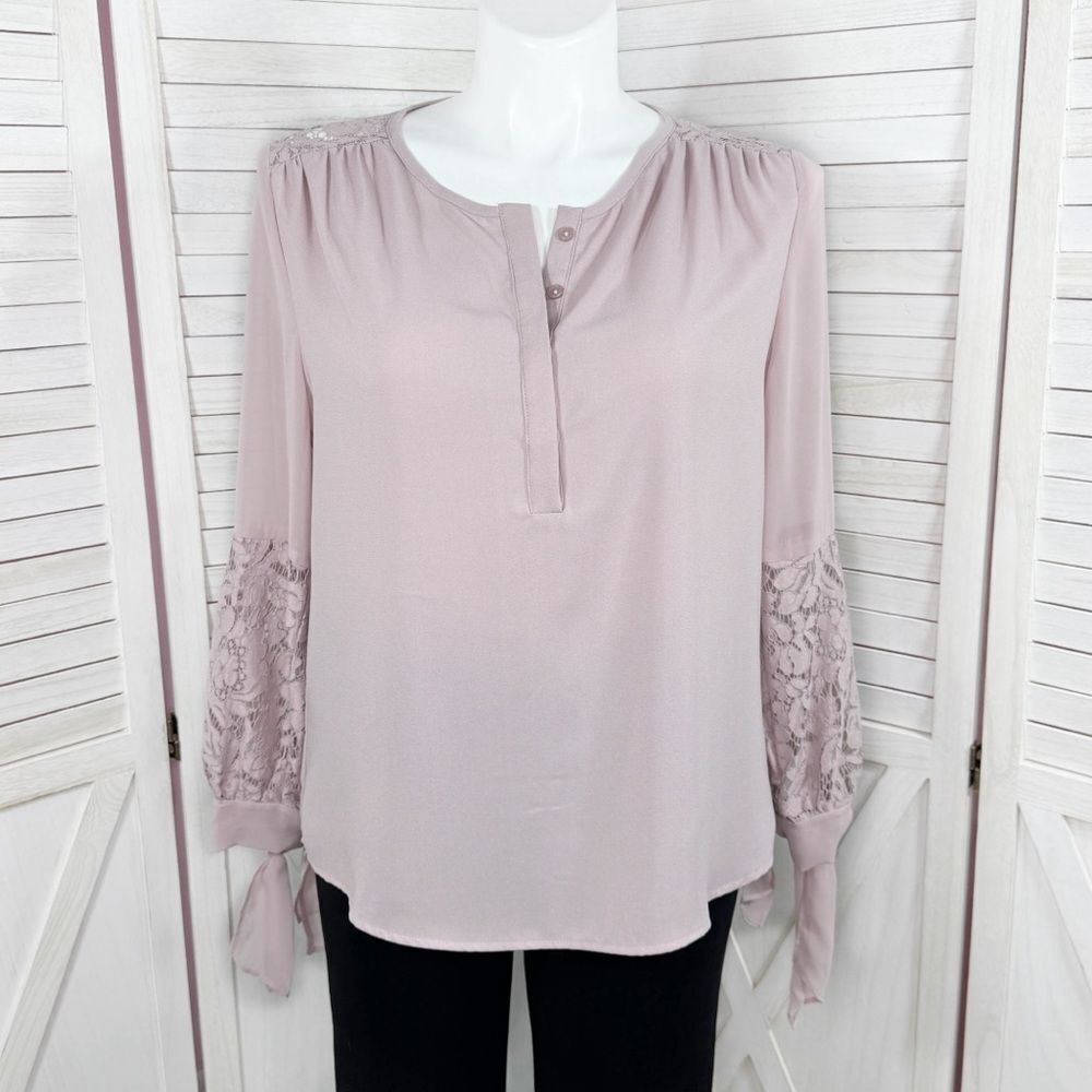 Iman Romantic Lace Detail Chiffon Blouse Tie Cuff Lavender Large